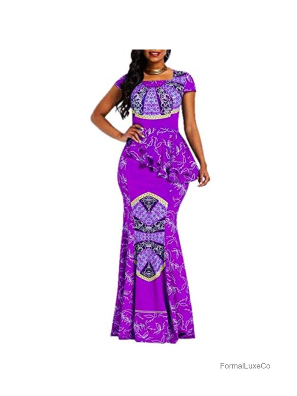Cap Sleeve Square Neck Geometric Mermaid Maxi Dress